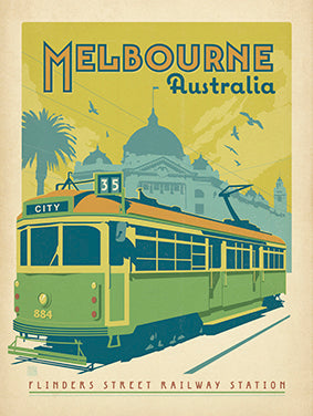 Vintage-Tourism-poster-Melbourne-Tram-Flinders-Street-station-oak-frame