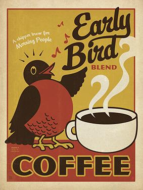 Wall Art Print Framed Canvas Artwork - Early Bird Coffee