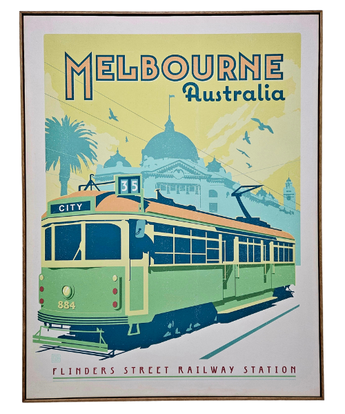 Vintage-Tourism-poster-Melbourne-Tram-Flinders-Street-station-oak-frame